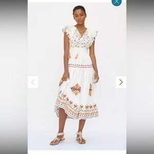 Anthropologie Embroidered Midi Dress Ruffled sleeves travelchic Size M